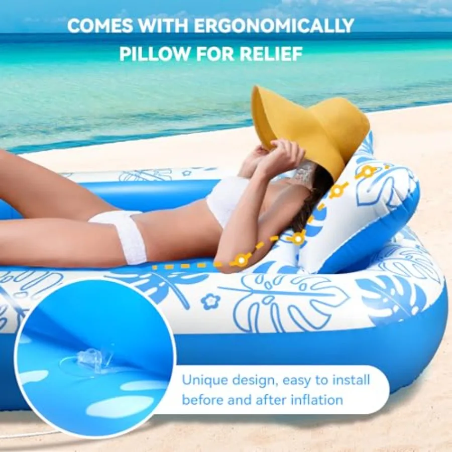 Inflatable Tanning Pool Lounger Float With Cervical Pillow For Adult Sunbathing Backyard Pool Party Use Premium Vinyl Material