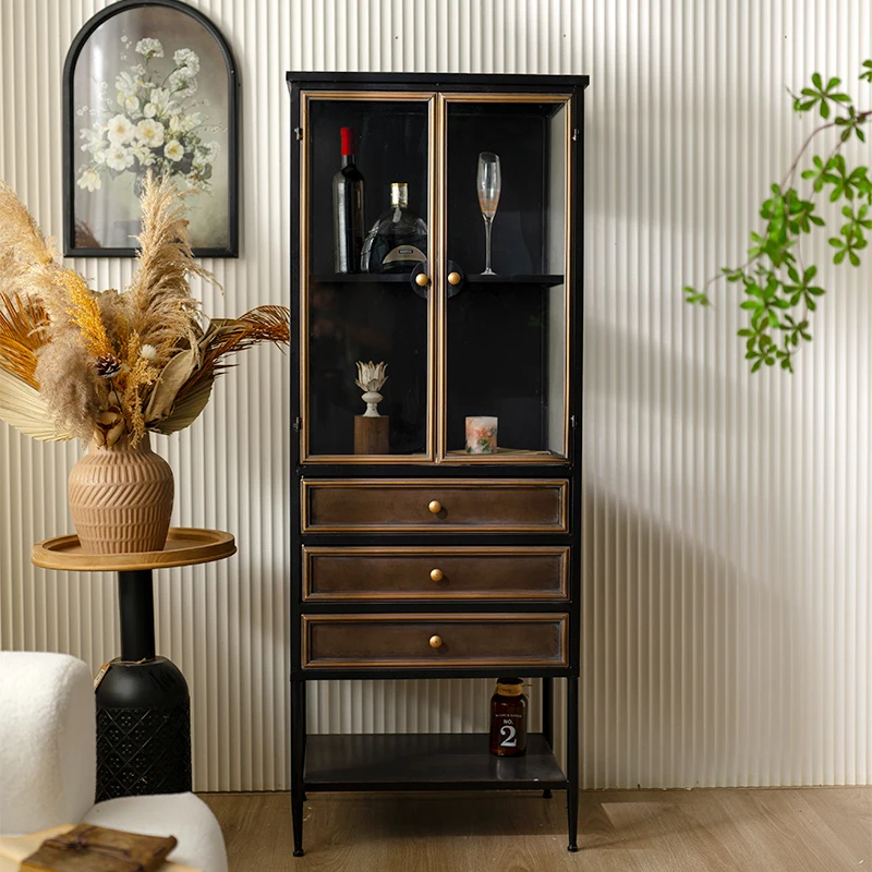 

American light luxury wrought iron glass display cabinet household industrial wind floor wine cabinet arch