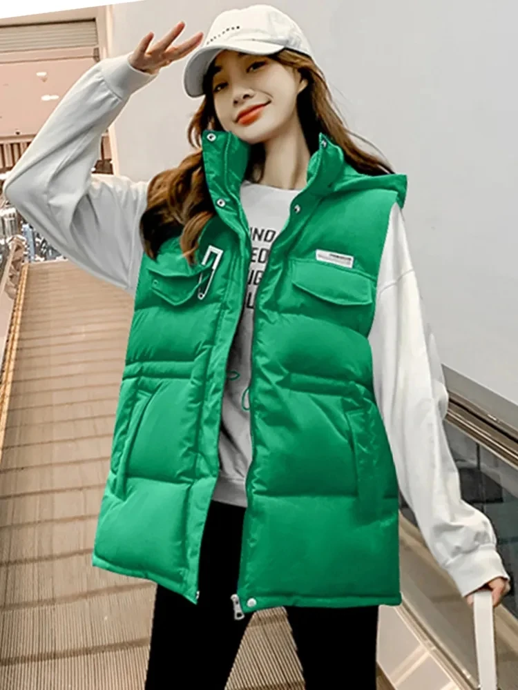 

Women Winter Cotton Vest Hooded Outwear Solid Green Blue Black Padded Coat Warm Thicken Casual Female Waistcoat Jacket