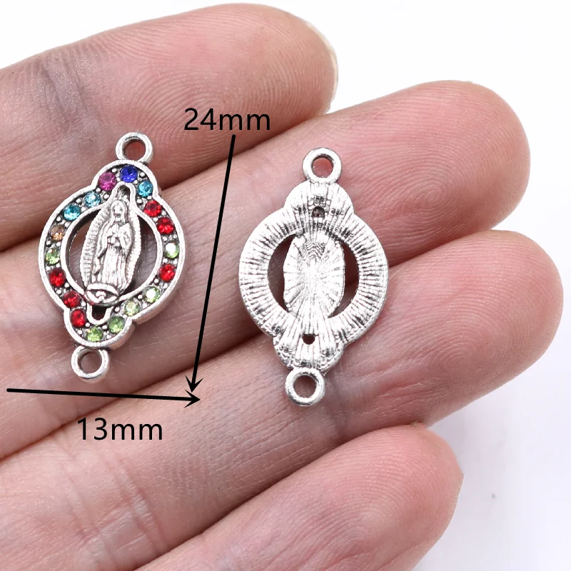 12pcs Silver Plated Handmade Colored Rhinestone Catholic Virgin MariaTag Cross Church Connectors DIY Charm Jewelry Crafts Making