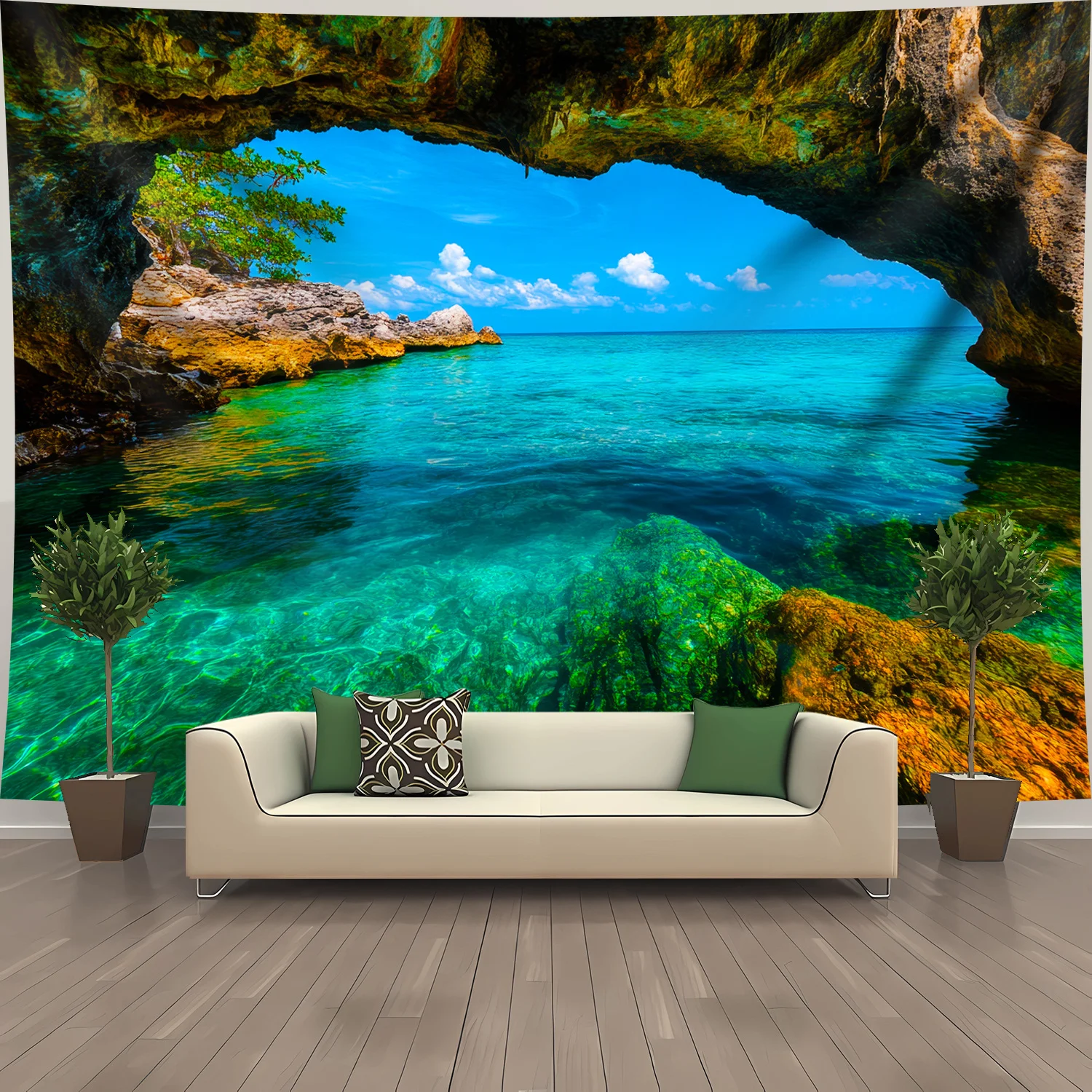 Cave Ocean View Wall Tapestry Turquoise Water Rock Formation Tropical Beach 2D Flat Print