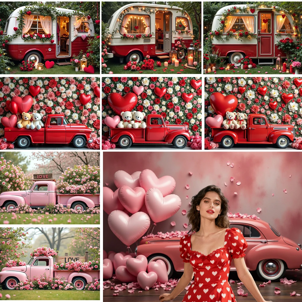 

MOON.QG Flower Vehicle Camping Backdrop Truck Lawn Lantern Photography Background Girl Birthday February 14 Photocall Photoshoot