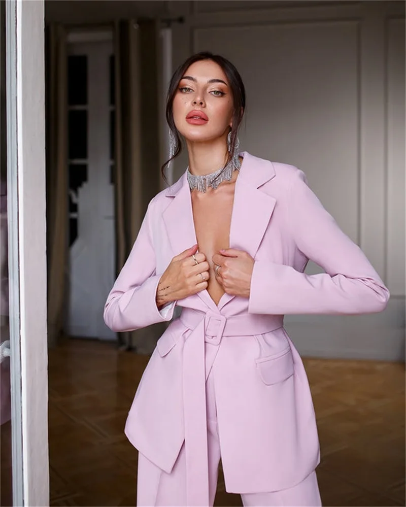 Sexy V Neck 2 sztuk fioletowy kobiety garnitury ustawić Tie talia Blazer + spodnie sukienka na studniówkę kostiumy kurtka z paskiem женский костюм wykonane na zamówienie