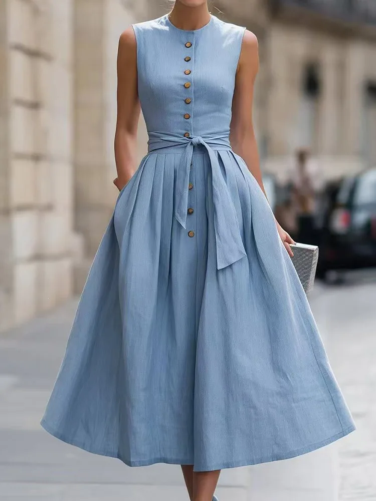 New Women's O Neck Sleeveless Maxi Dress Summer Lace-Up Patchwork Party Dress 2026 Solid Fashion Button Simple Chic Ladies Dress