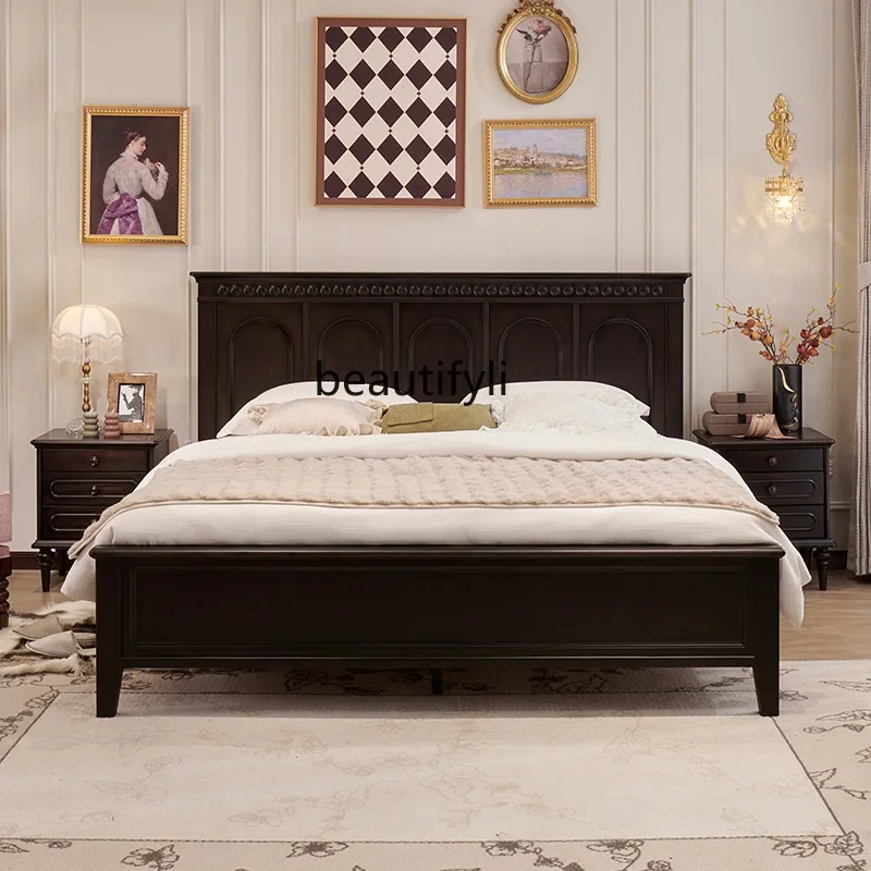 

X Medieval style (FAS grade peach blossom core) smoky solid wood bed, double bed simple retro