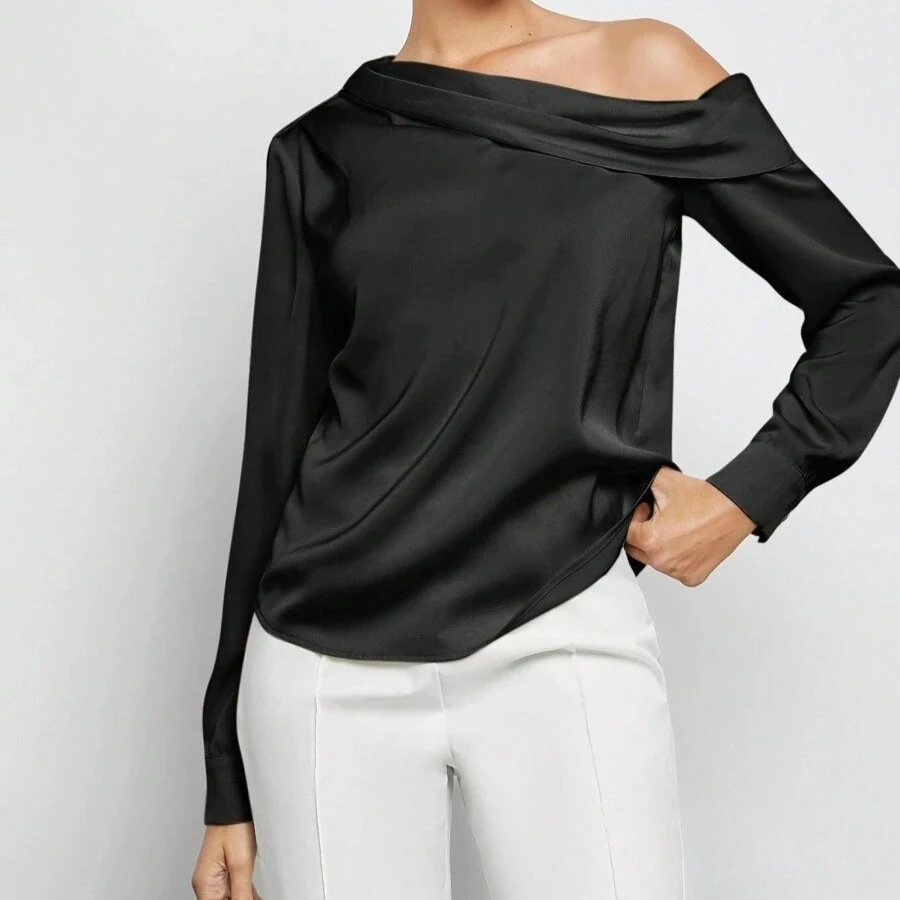 

Pleated Satin Shirt Top Spring Summer Off-Shoulder Asymmetrical Long Sleeve Shirt Women's Clothing