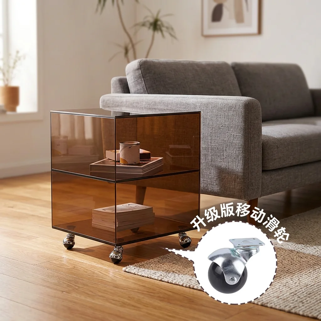 vw-Custom Modern Acrylic Folding Removable Side Table with Wheels for Apartment Hotel Living Room Bedroom Bedside Console Table~ view 3