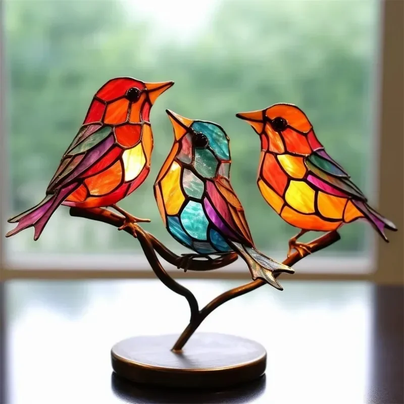 Stained Glass Birds On Branch Desktop Ornaments Double Sided Multicolor Birds Alloy Ornaments Bird Series Acrylic Decorations