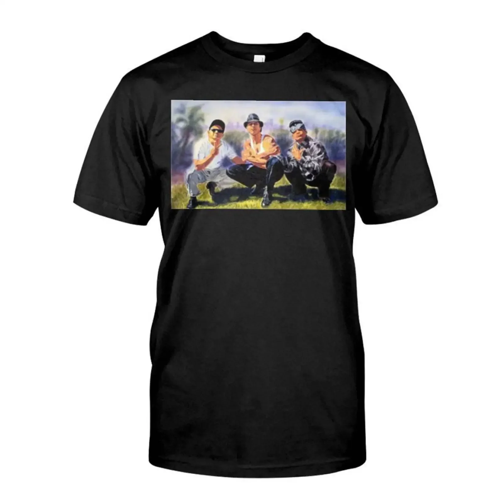 Painterly Style Three Hatted Casual Men Grassy Field Print Black Crew Neck T Shirt vintage Washed Breathable Comfortable