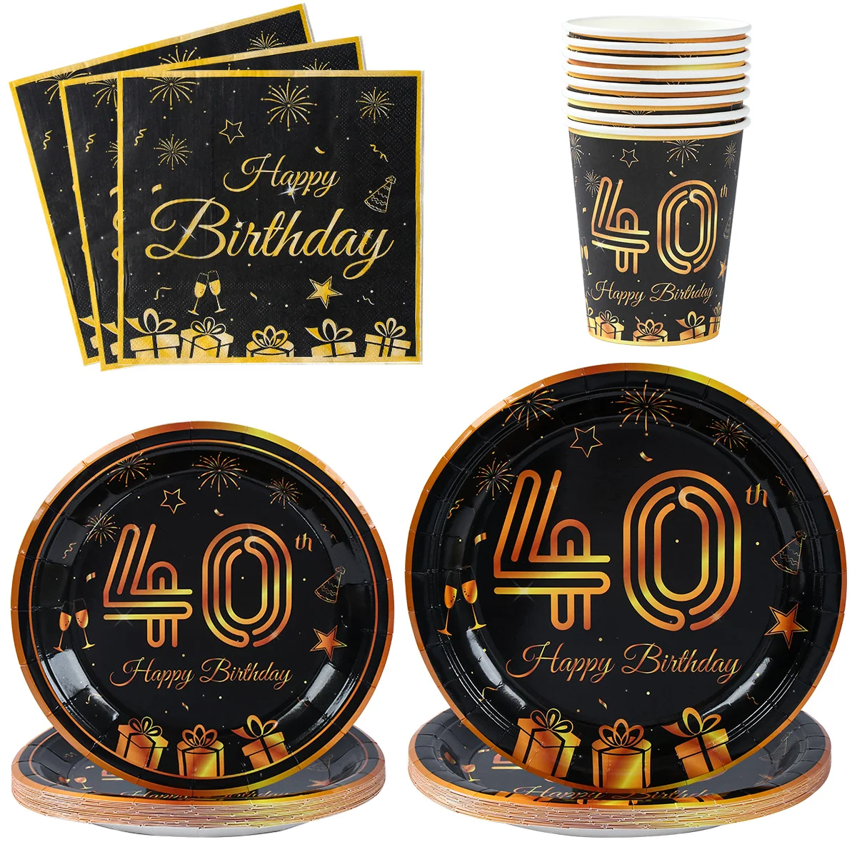 40 Years Old Black Gold Paper Tableware Birthday Supplies 40th Birthday Party Tableware Happy Birthday Party Anniversary Decor