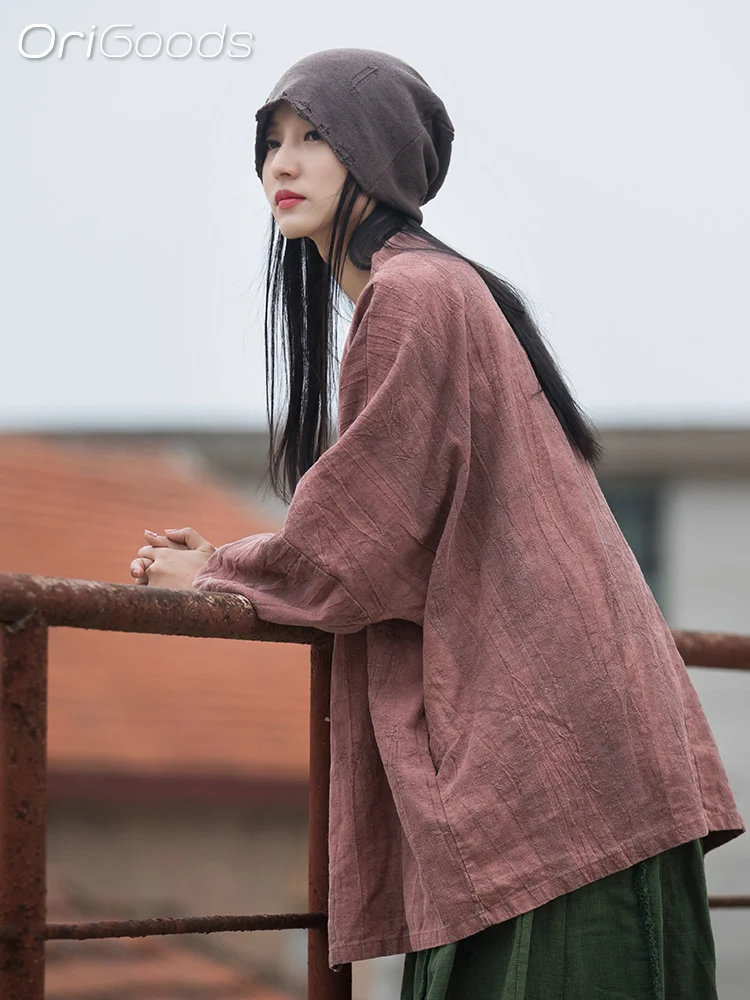 OriGoods Oversized Kimono Shirt Women Vintage Loose Coat Tops Ramie Cotton Chinese Japanese Style Zen Blouse Clothing B129