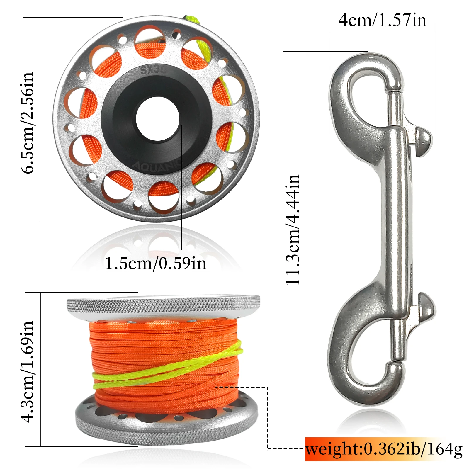 Tauchen Aluminiumlegierung Rolle Fingerrolle für Smb Safe Equipment Zubehör Höhlenangeln 30 m Nylonschnur mit Karabinerhaken