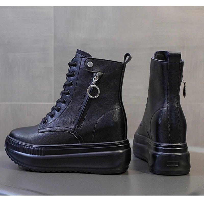 2025 Autumn Early Winter Genuine Leather Shoes Women Ankle Boots Soft Fashion Ladies Height Increasing Shoes 8cm Pure Black D656