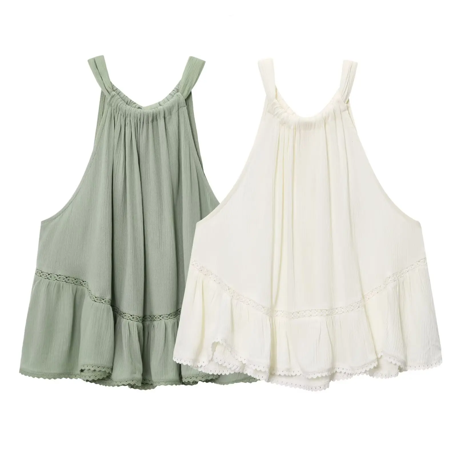 

BSK&TRAF2025 new summer women's clothing fashion casual loose versatile embroidered tulle girl style halter neck top