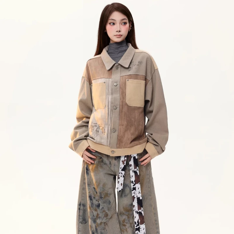 Kurtki w stylu American Retro Unisex Wiosna 2026 Nowe Zamszowe Zdobienia Kieszenie Słodki Cool Luźny Styl Y2k Uniwersalne Płaszcze dla Par