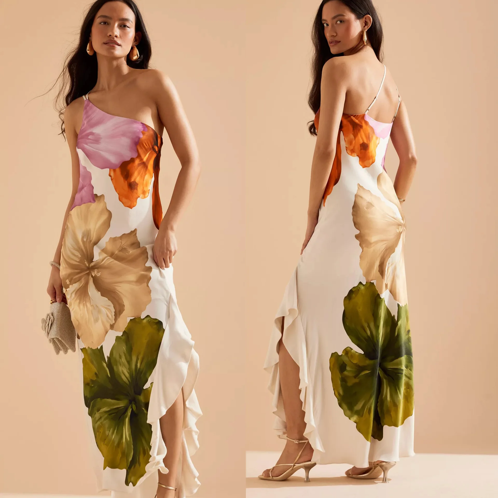 VEITCHE Mode Frauen Gedruckt Curling Rand Lange Kleider Unregelmäßigen Schulter Offene Gabel Kleid Frauen Sommer 2025, Party Vestidos