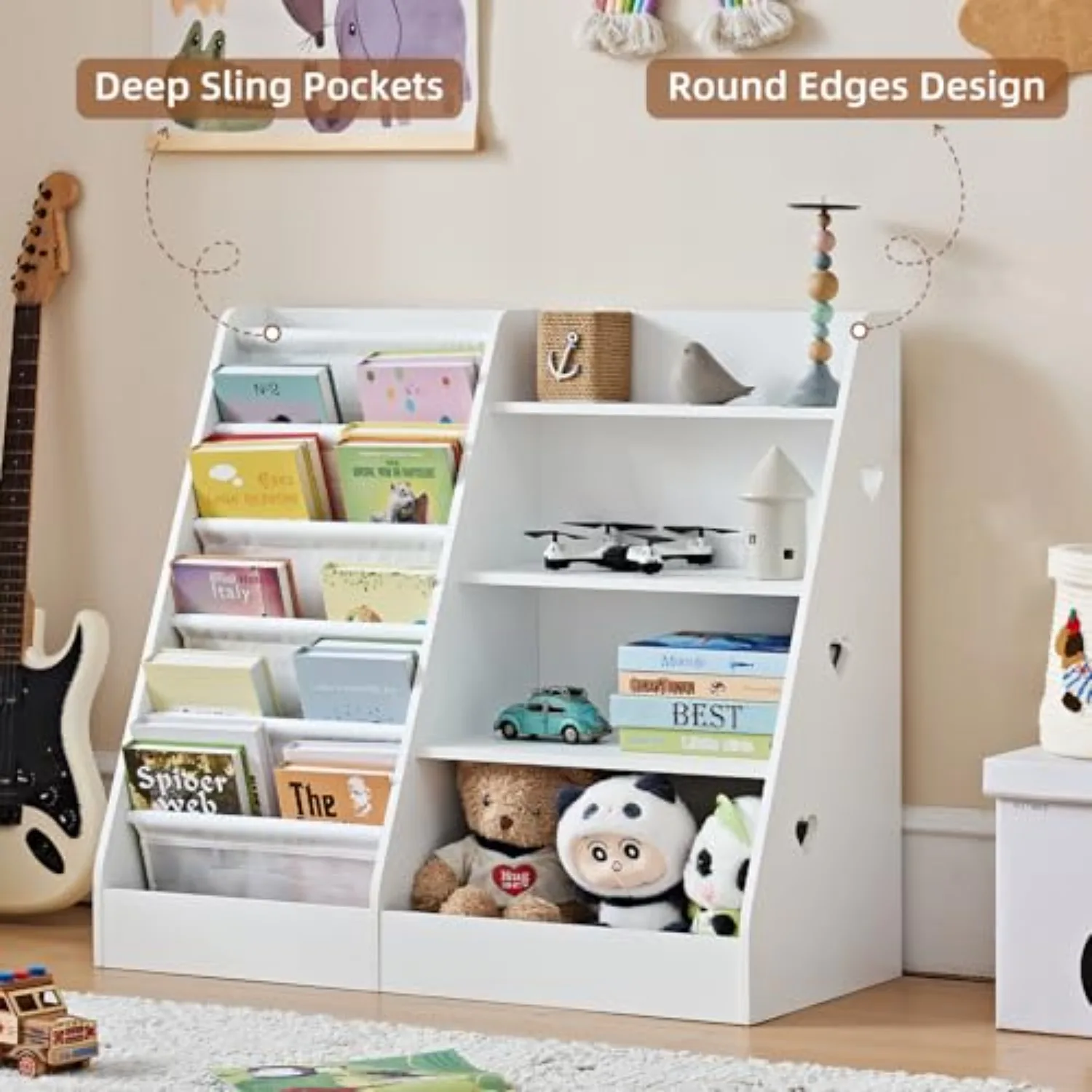 4 Tier Kids Bookshelf, Book Shelf for Kids Rooms | White Childrens Toddler Bookcase, 5 Layer Sling Book Case Display