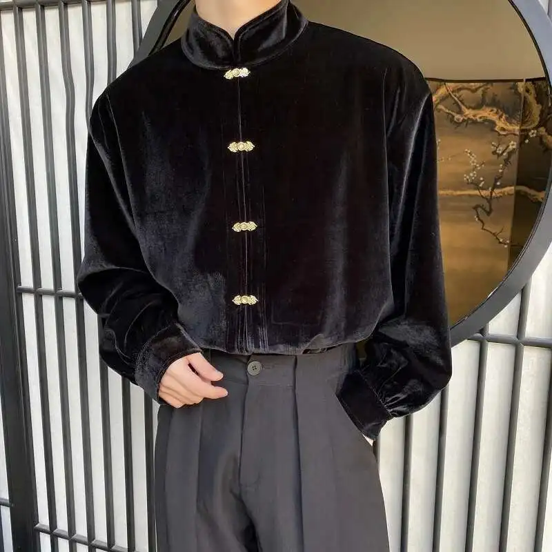 

New Chinese Style Trendy Velvet Metal Buckle Shirt Men Stand Collar Long Sleeve Male Shirts Loose 2024 Autumn