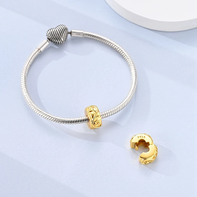 New 925 Sterling Silver Vintage Textured Flower Fixed Clip Charms Beads Fit 3mm Original Bracelet DIY Women Jewelry Gifts
