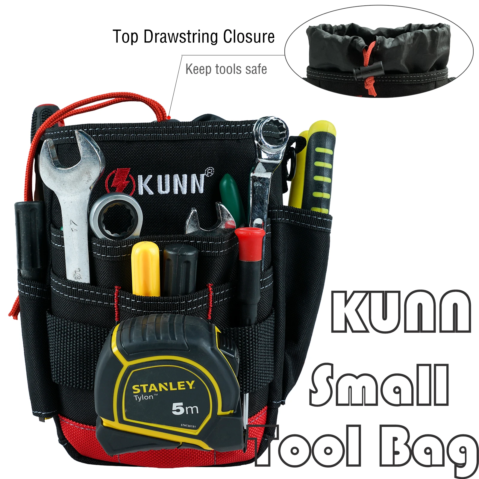 KUNN Small Electrician Tool Pouch Utility Ziptop Tool Belt Bag,Compact Top Drawstring Closure Tool Pouches with Adjustable Shoul