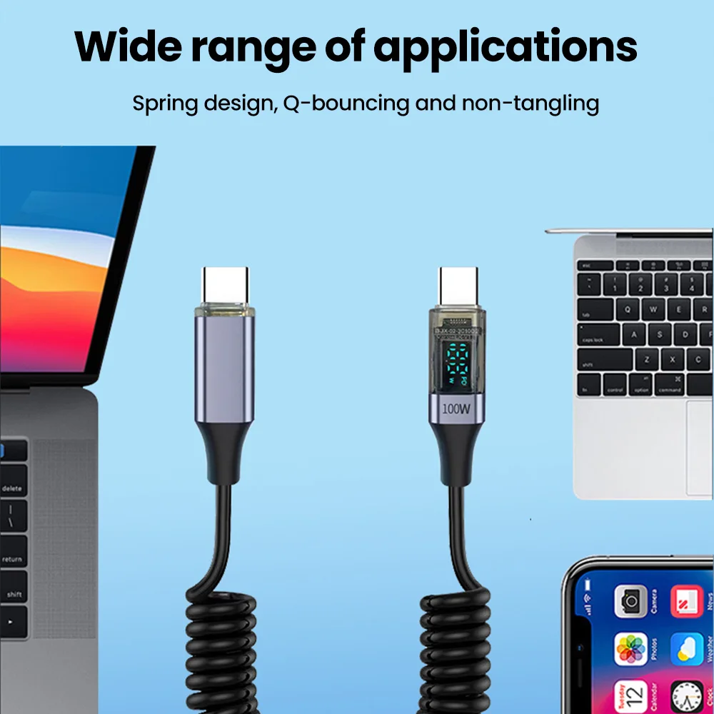 PD100W Spring Data Cable Straight/Elbow Type C Fast Charging Cable For iphone 15 Samsung Xiaomi LED Digital Display USB C Cable