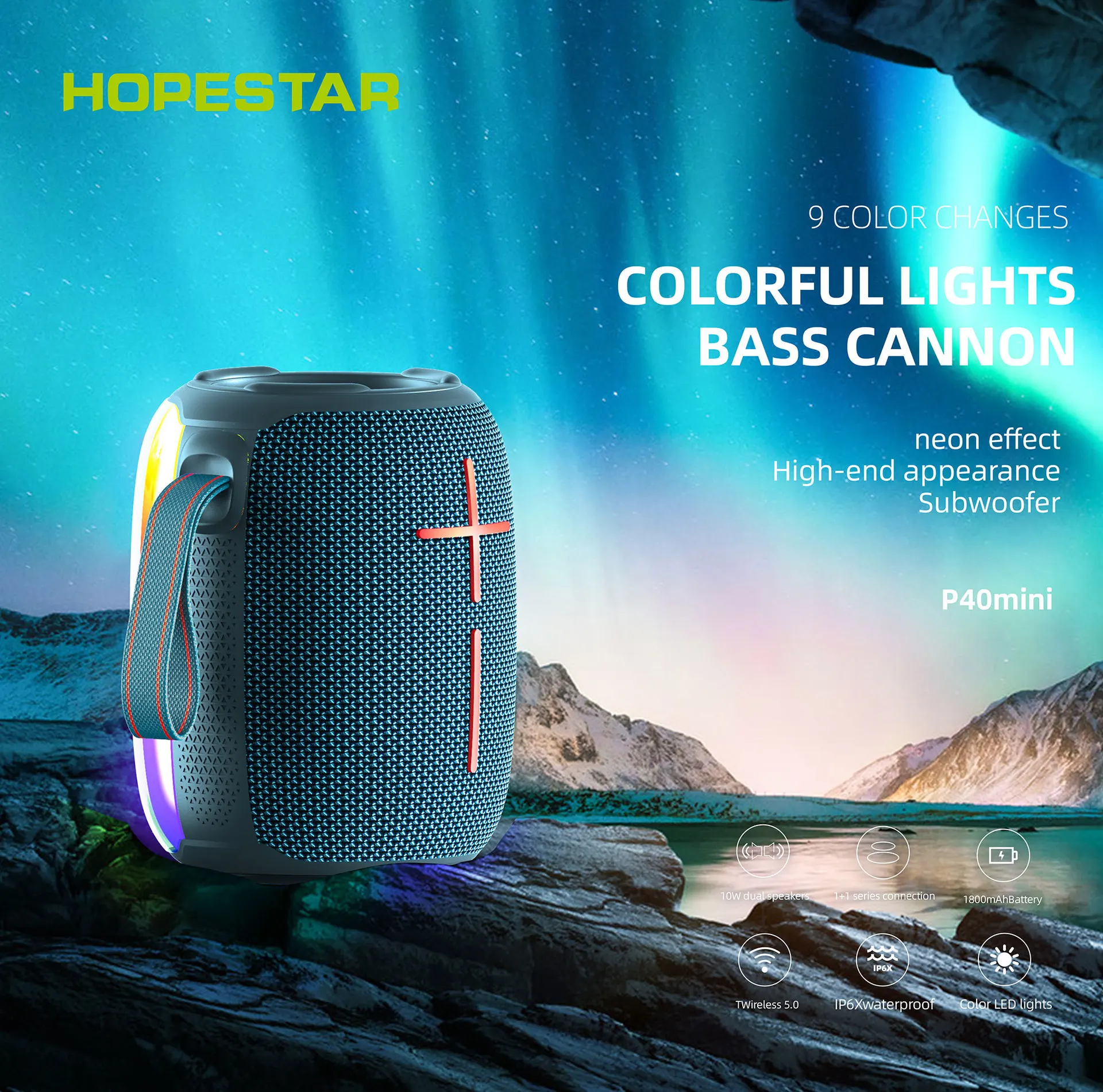 HOPESTAR-P40 Mini Colorful RGB Light Wireless Bluetooth speaker 10W soundbox Outdoor Party Portable IPX6 Waterproof Audio Player