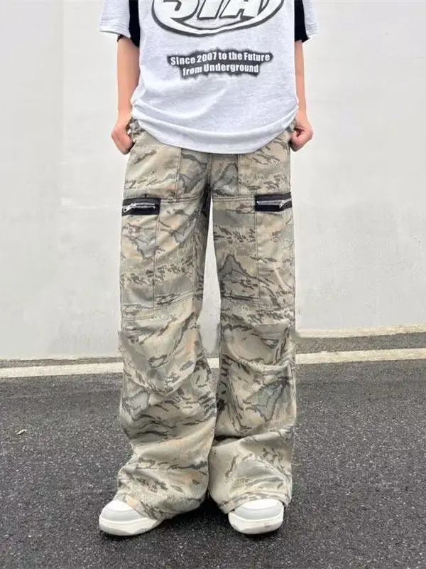 American Retro Camouflage Work Pants Men's Summer High Street Vibe Loose Straight Leg Wide Leg Casual Long Trousers Trendy