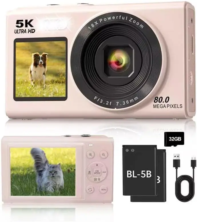 

5K Dual Screen Camera with 18X Zoom, Compact Vlogging Gift for Teens, Includes 32GB Card & Batteries in Pink