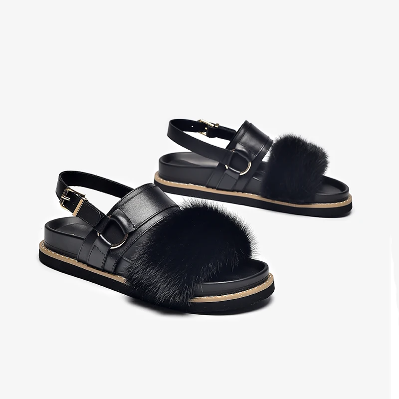 BEAUTODAY Fashion Sandals Women Genuine Cow Leather Mink Decoration Metal Buckle Solid Summer 2023 Ladies Shoes Handmade 34565