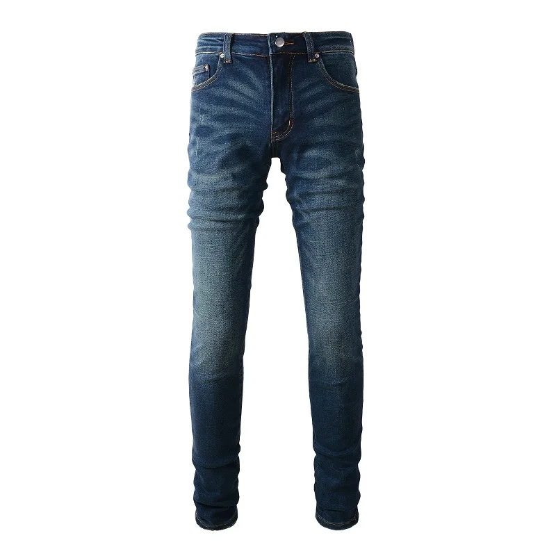 

Men Classic Dark Blue Stretch Denim Jeans High Quality Skinny Tapered Pants Casual All Match Ripped Pockets Trousers