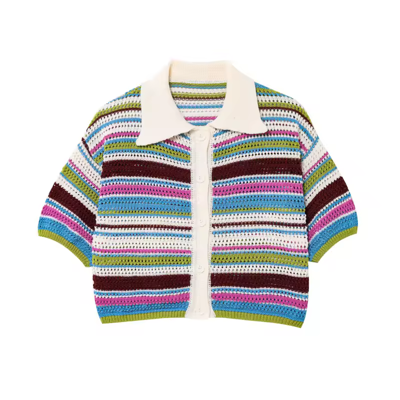 Women Patchwork Striped Hollow Out Crochet Knitted Crop Sweater Shorts Set Short Sleeve Polo Collar Sweater Knit Shorts Suit Y2K - Image 8