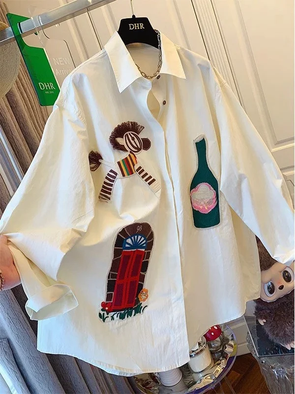 

Женская рубашка оверсайз с вышивкой в стиле ретро, на вес до 300 фунтов, с длинным рукавом, свободного кроя, повседневная, элегантная, в корейском стиле, из полиэфирного волокна