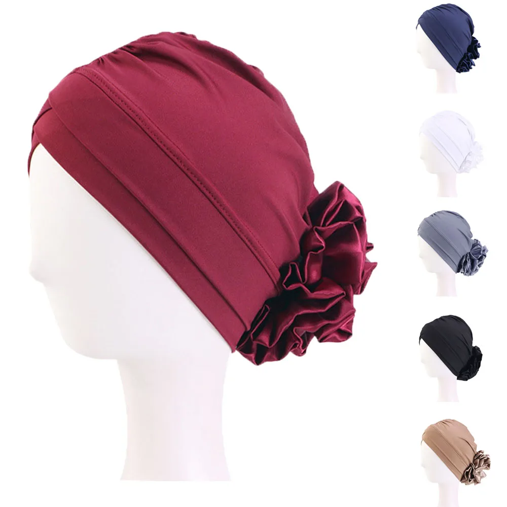 

Inner Hat Woman Big Flower Hijabs Turban Underscarf Elastic Chemo Cap Beanie Muslim Solid Hair Loss Headwrap Hair Accessories