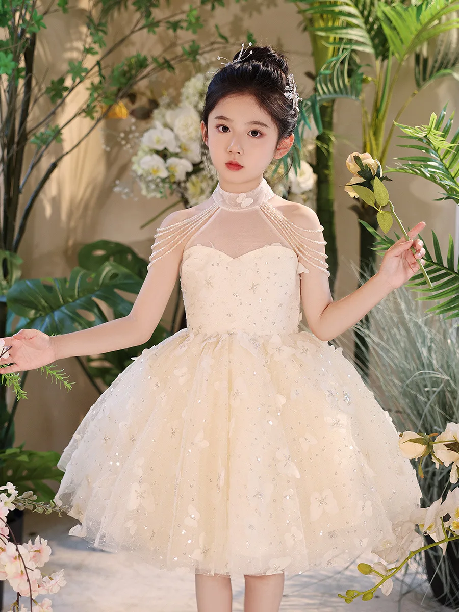 Gorgeous Flower Girl Dress Princess Girl flower Sequins sleeveless Children's Wedding Party Dress Fluffy Mesh Wedding Dress