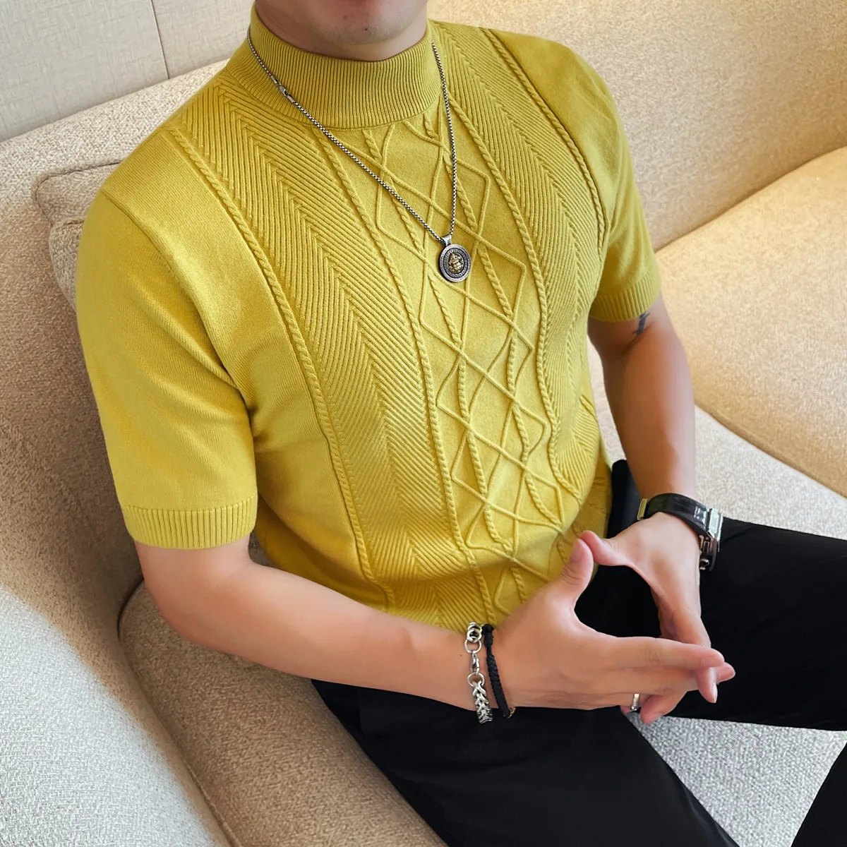 Autumn Winter Jacquard Knitted Short Sleeve Sweater Men Half High Collar Versatile Casual Business Knitted Sweaters Men Clothing