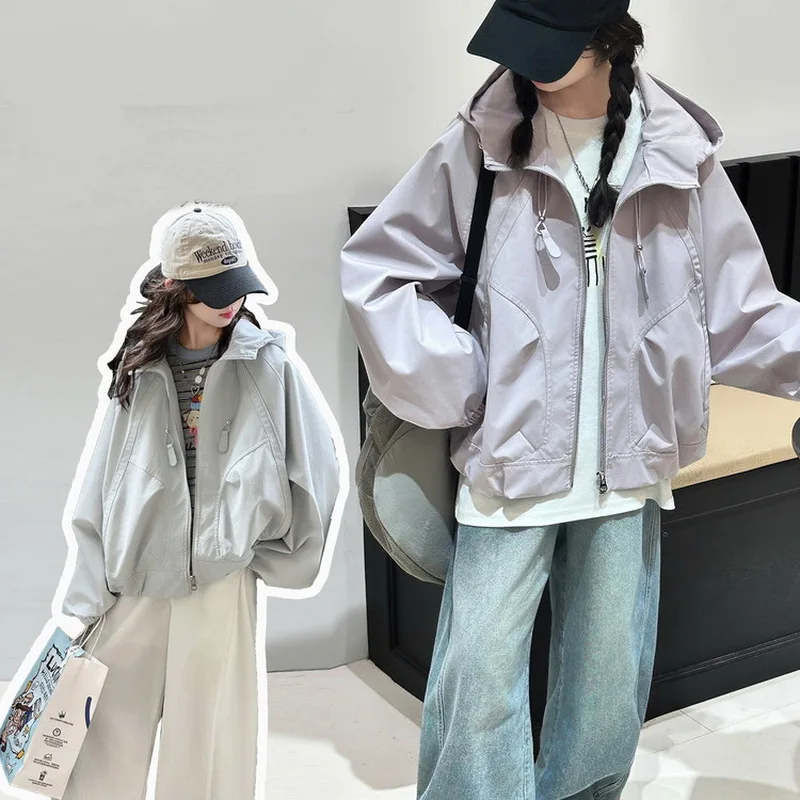 Girls Spring Autumn Hooded Jacket Casual Windproof Korean Style Children's Clothing Soft Polyester Long Sleeve Zipper Closure