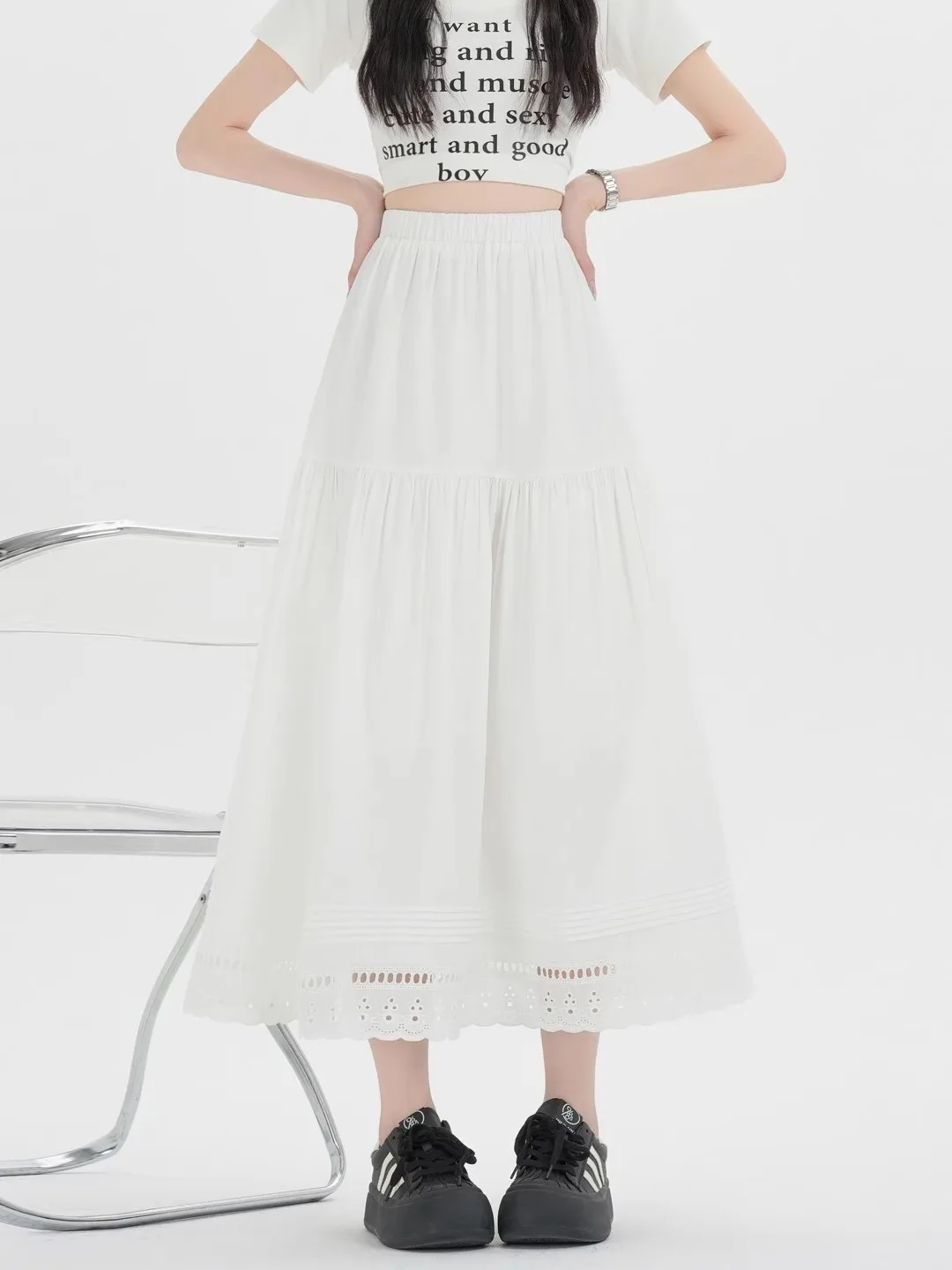 

Белая кружевная юбка макси А-силуэта с вырезами, на высокой талии, эластичная, повседневная, универсальная, для женщин, весна-лето, свободный крой, для работы и отдыха