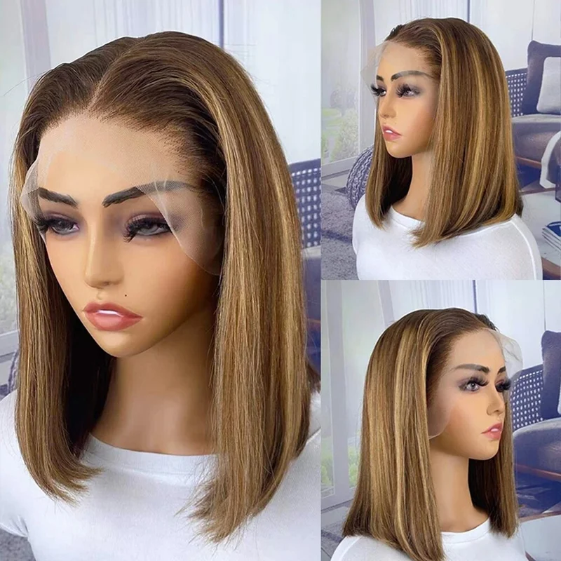 Blond Brown Mix Short Bob Straight Remy 100%  Hair T Part Lace Front Wigs