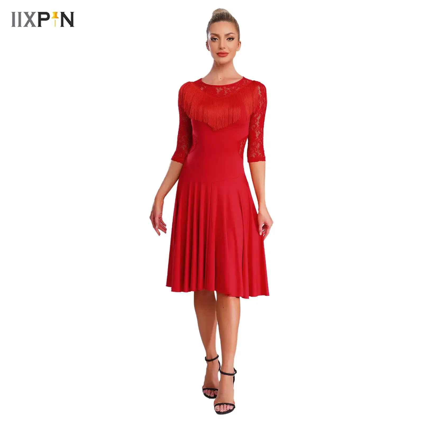 2Pcs Womens Latin Rumba Dance Dress Sheer Floral Lace Flowy Tassel 3/4 Sleeve Swing Dress+Safety Shorts for Samba Tango Dance