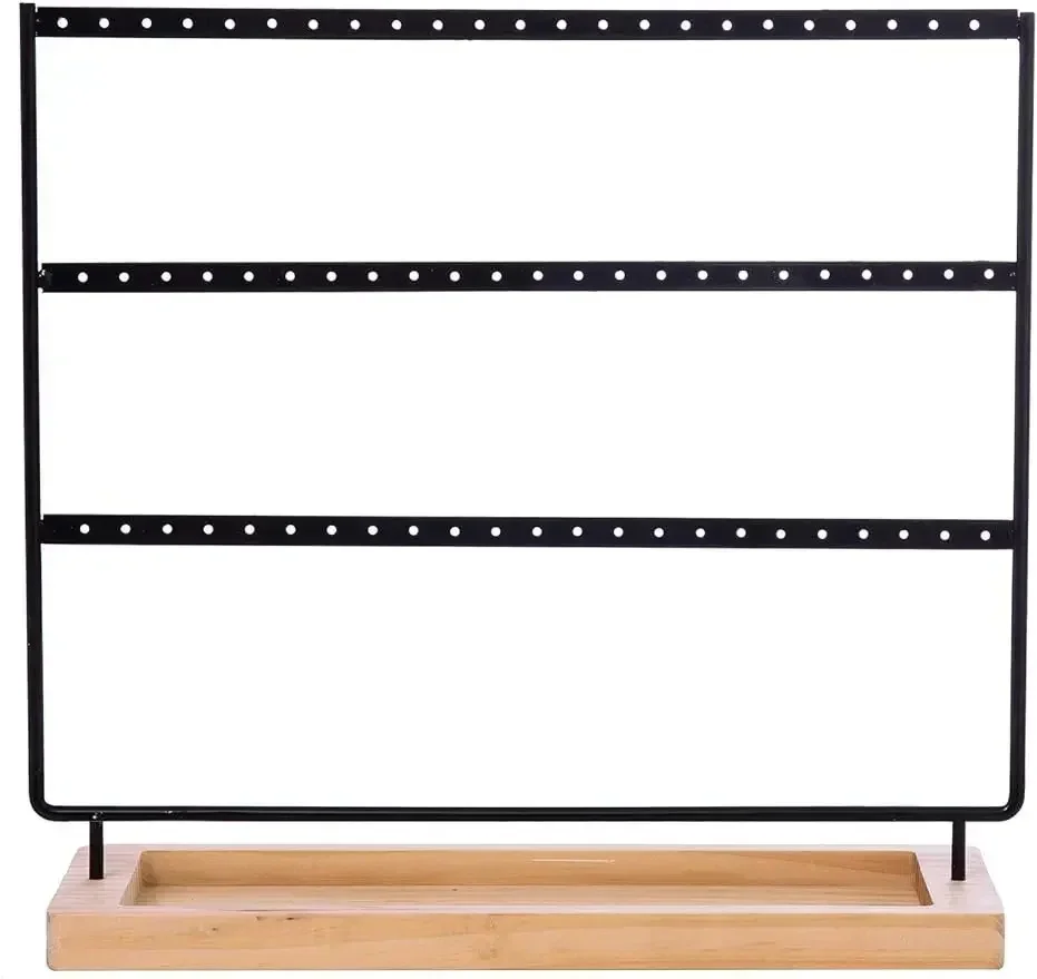 

3-Tier Earring Holder Stand 69 Holes Wooden Jewelry Organizer Display with Storage Tray for Desktop Earring & Bracelet Organizer
