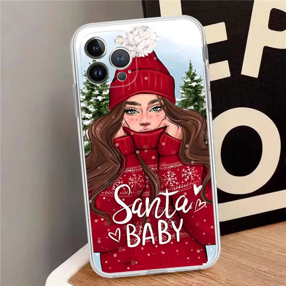 Beautiful Girl Merry Christmas Phone Case For iPhone 15 14 13 12 Mini 11 Pro XS Max X XR SE 6 7 8 Plus Soft Silicone Cover