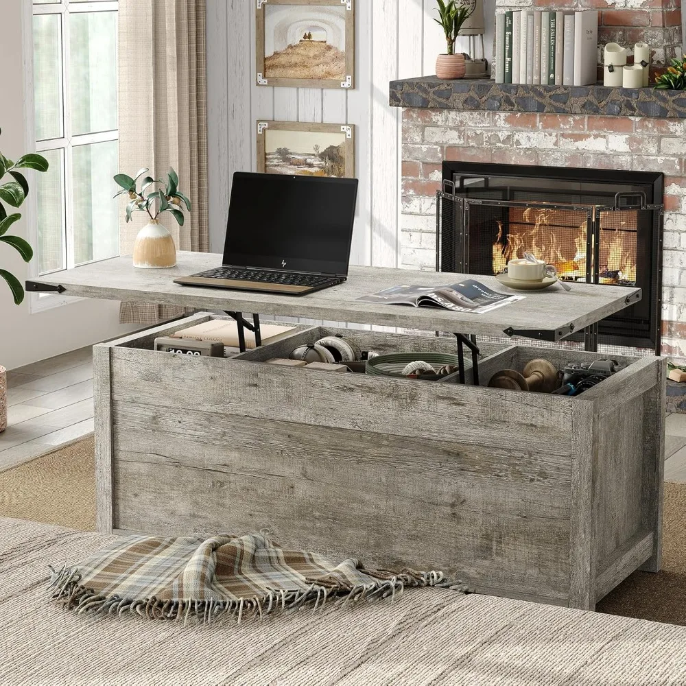 Large Farmhouse-Style Coffee Table with Sliding Barn Doors and Hidden Storage, Modern Wood Design
