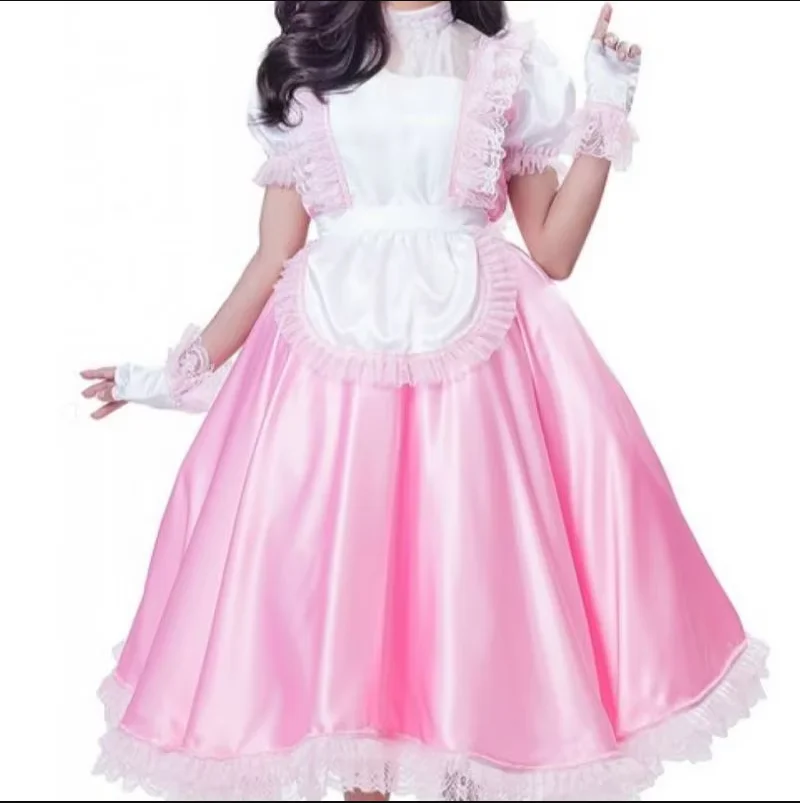 

Giant Baby Adult Sexy Girl Pink Long Satin Dress White Apron Girly Role-playing Girl Makeup Ball Maid Custom Color