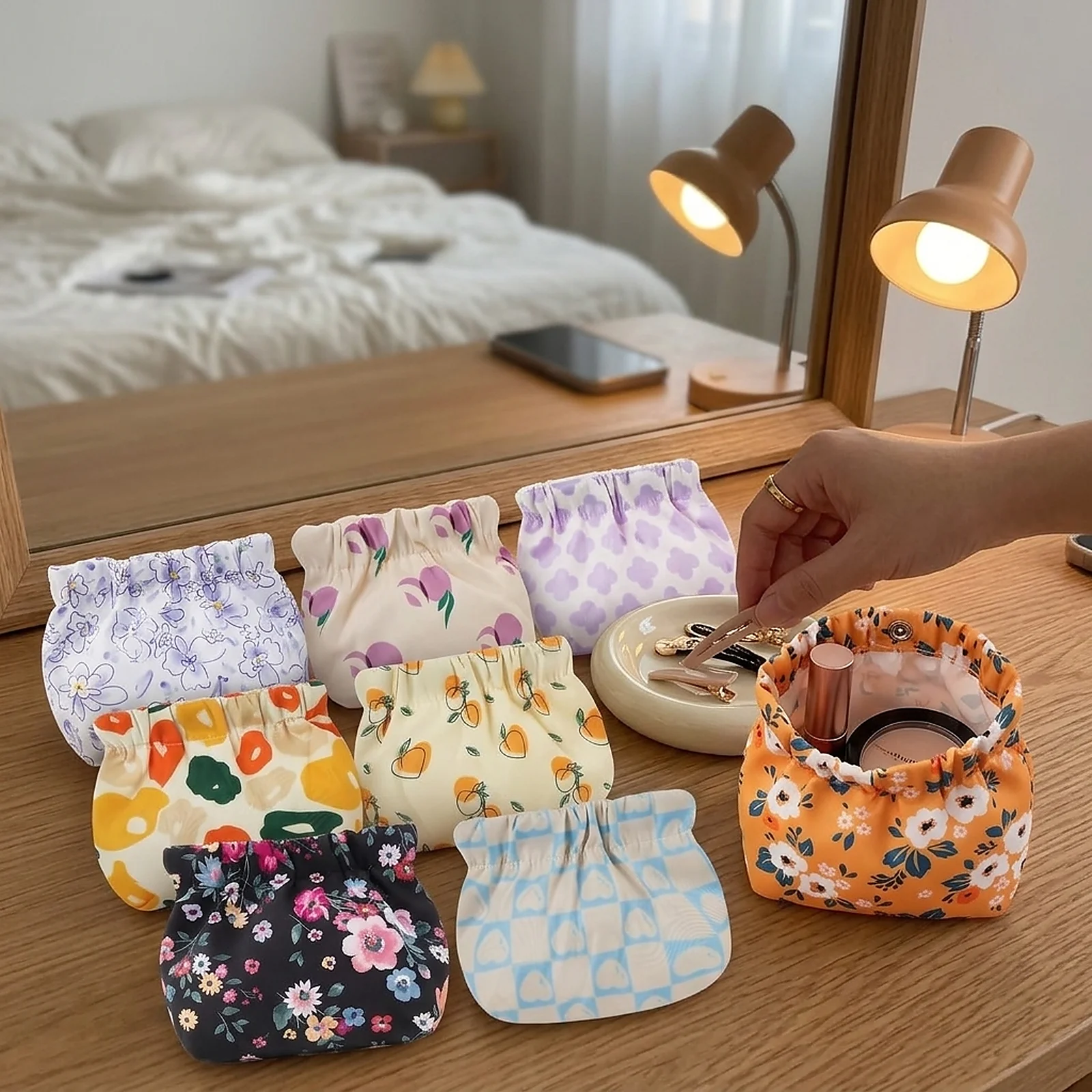 Zoyiancy 8 Pc Mini Makeup Bag Set, Snap Closure Zipperless Pouches, Assorted Printed Small Purse Organizers