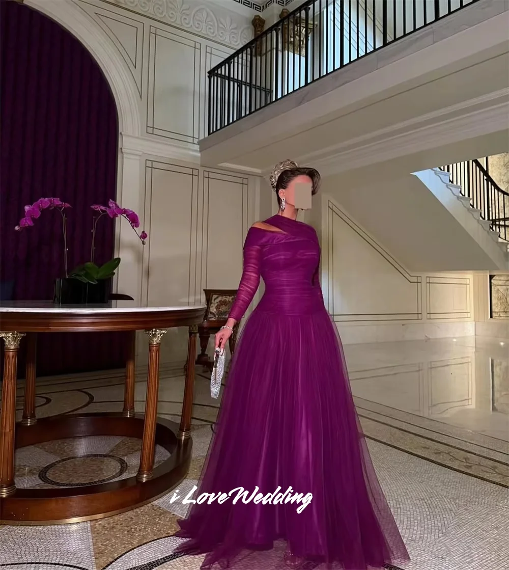 

Purple A-line Multilayer Pleats Elegant Tulle Prom Dress Long Sleeve Vestidos De Noche Party Dress Floor-Length Pleated Customiz
