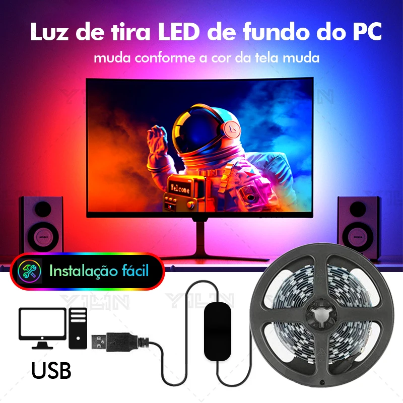 Faixa de led inteligente rgbic, usb, tela de computador, sincronização colorida, faixa de luz traseira, monitor colorido de sonho, decoração ambiente, lâmpada, controle de software