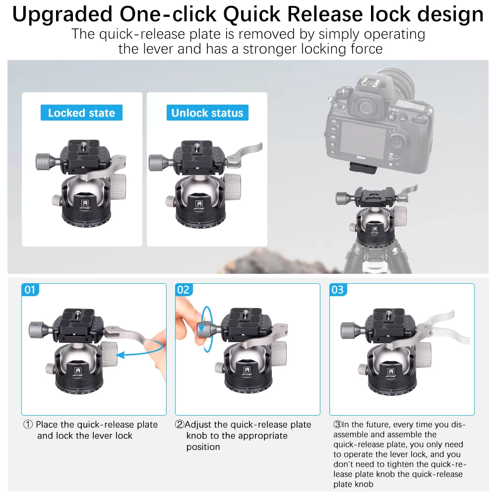 ARTCISE KB44F Heavy Duty Tripod Head All Metal CNC Low Profile Ball Head with Q.R.Plate for Monopod DSLR Camcorder Max Load 30kg