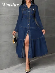 Wmstar Denim Dress Women Casual Button Cardigan Long Sleeve Dresses Fashion Streetwear New Spring Clothes Wholesale Dropshipping