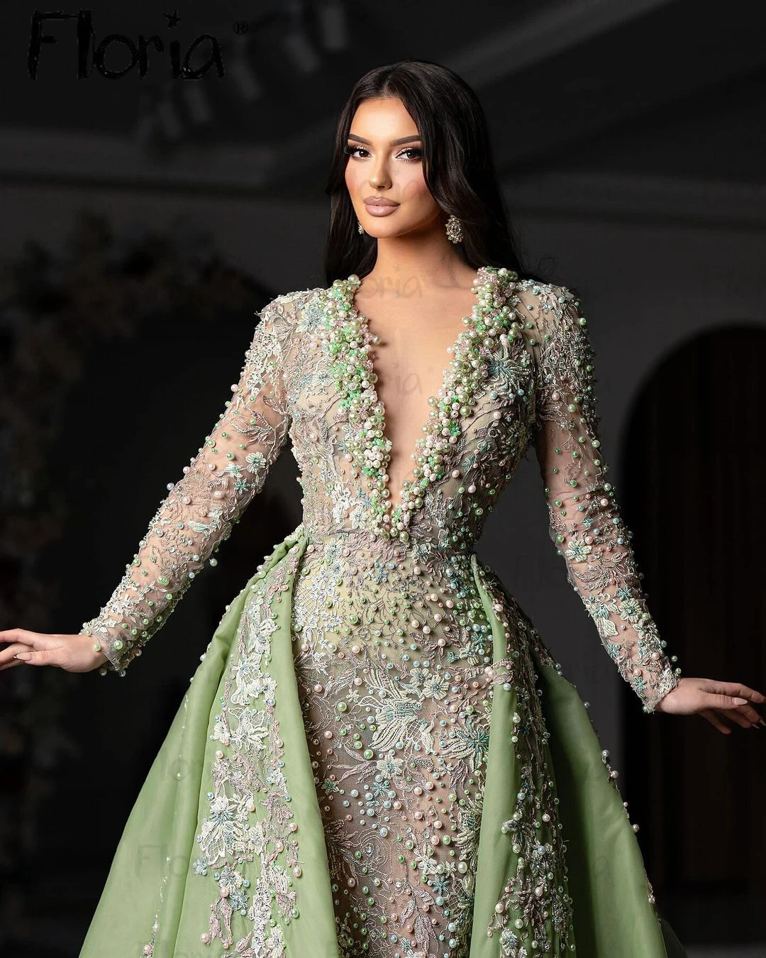 Floria Deep V Neck Detchable Train Prom Dresses Light Green Elegant 2024 Pagent Vestidos De Gala Women Formal Occasion Dresses