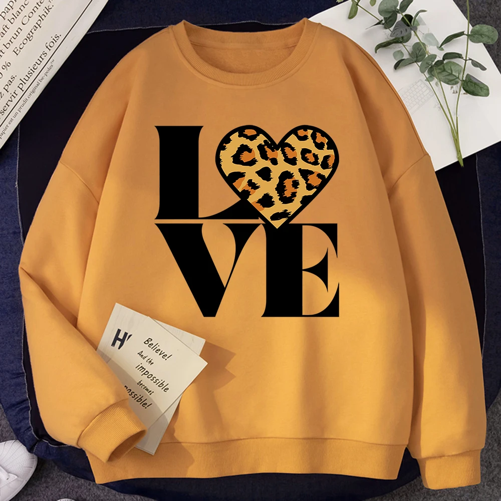 Autumn Harajuku Womens Sweatshirts Vintage Leopard Love Forever Printing Hoodies Loose Drop Sleeves Pullovers Soft Fleece Tops